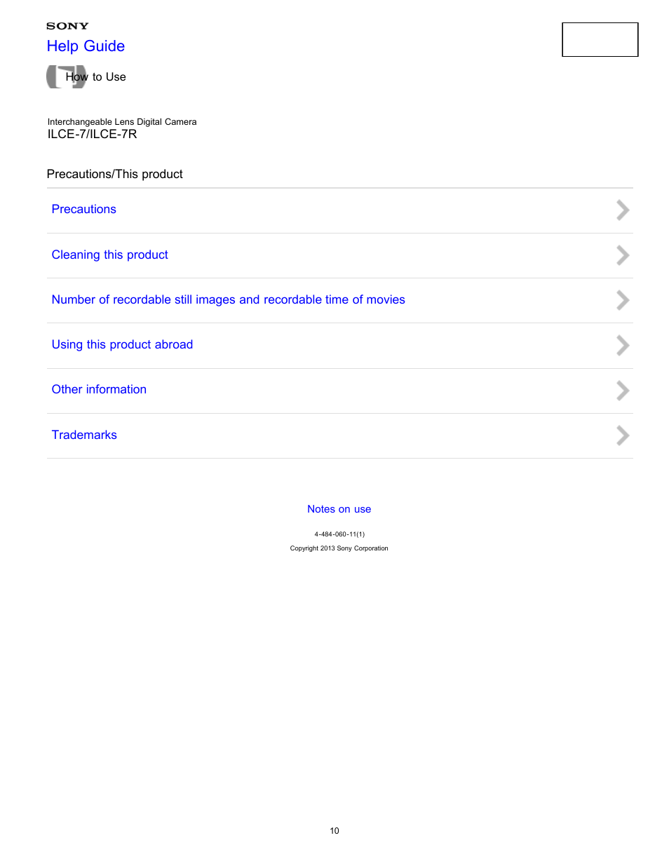 Precautions/this product, Help guide | Sony ILCE-7K User Manual | Page 19 / 455