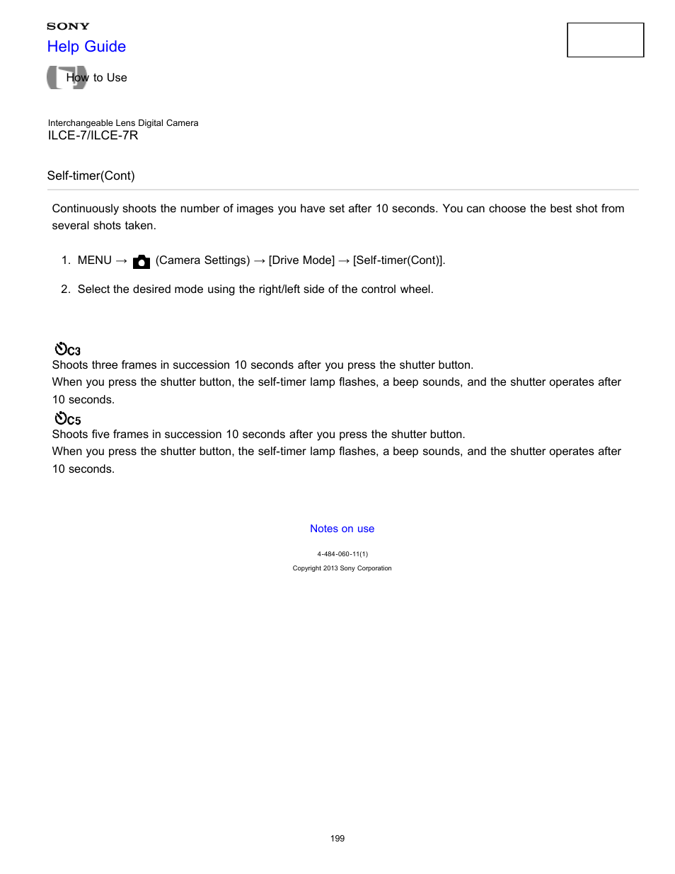 Self-timer(cont), Help guide | Sony ILCE-7K User Manual | Page 208 / 455