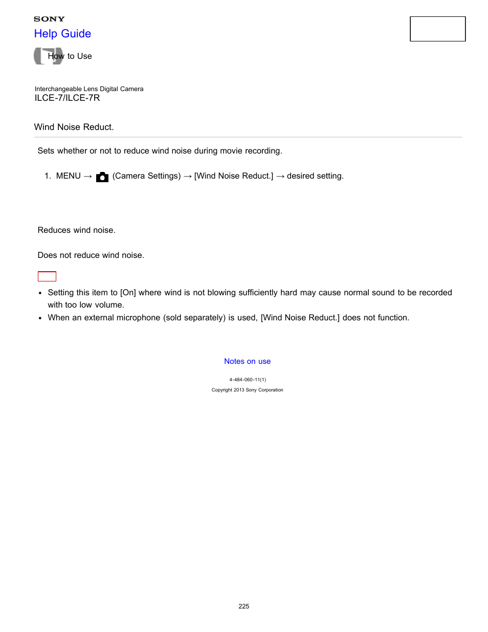 Wind noise reduct, Help guide | Sony ILCE-7K User Manual | Page 234 / 455