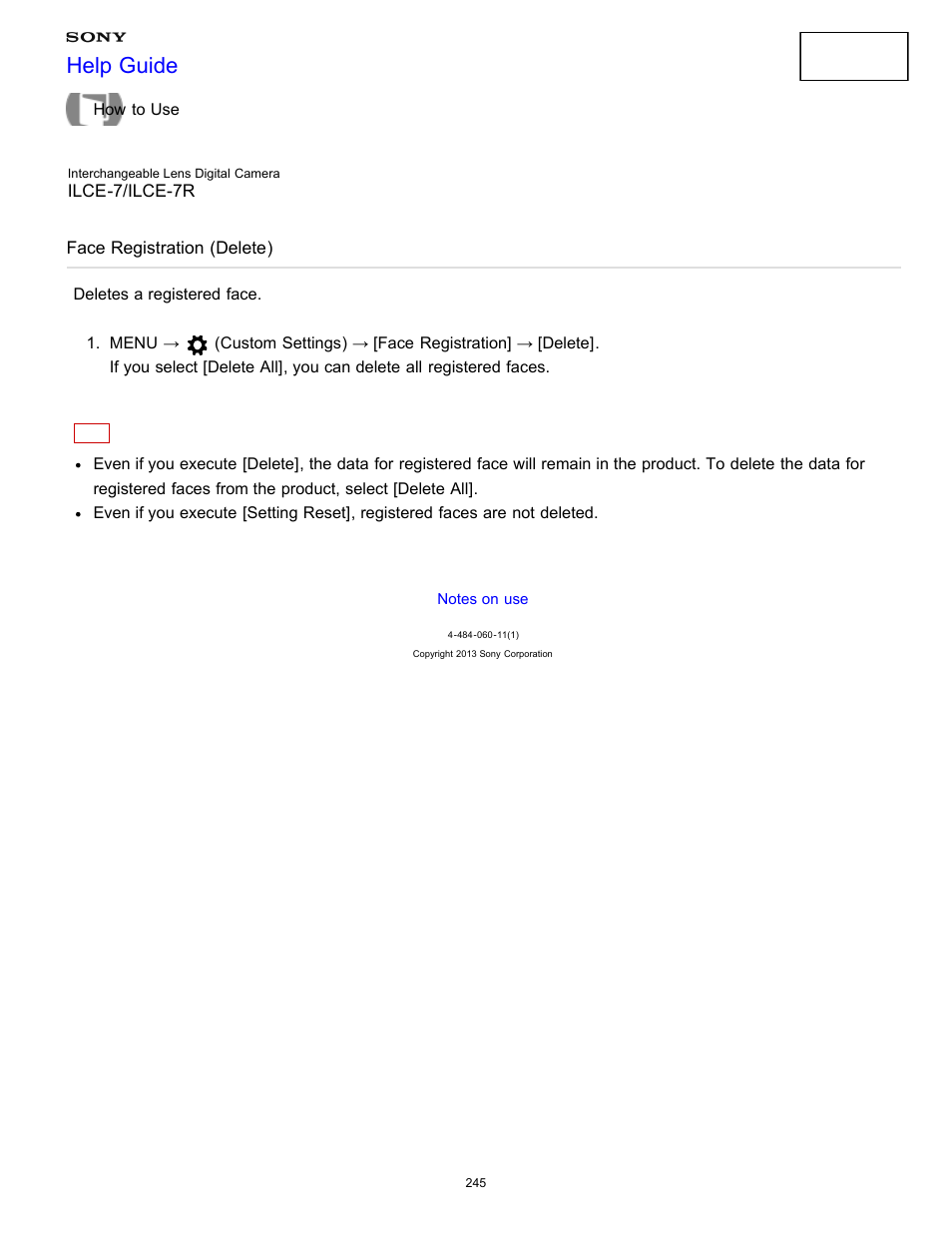 Face registration (delete), Deletes a registered face, Help guide | Sony ILCE-7K User Manual | Page 254 / 455