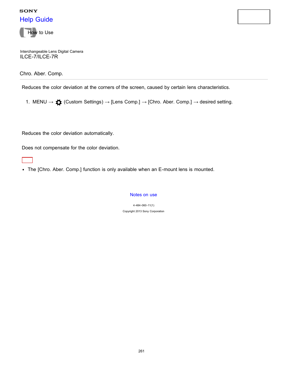 Chro. aber. comp, Help guide | Sony ILCE-7K User Manual | Page 270 / 455