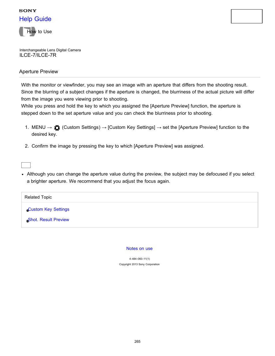 Aperture preview, Help guide | Sony ILCE-7K User Manual | Page 274 / 455