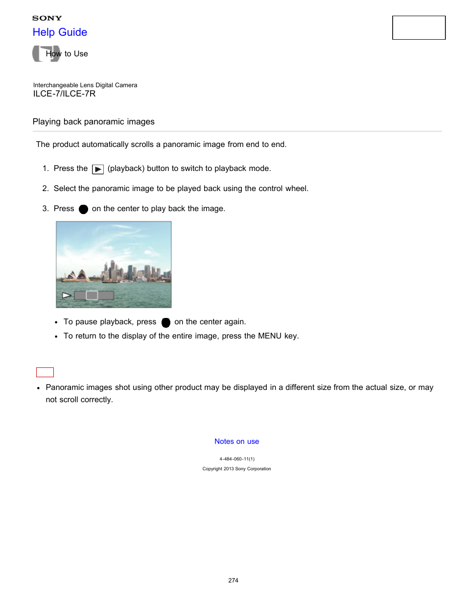 Playing back panoramic images, Help guide | Sony ILCE-7K User Manual | Page 283 / 455