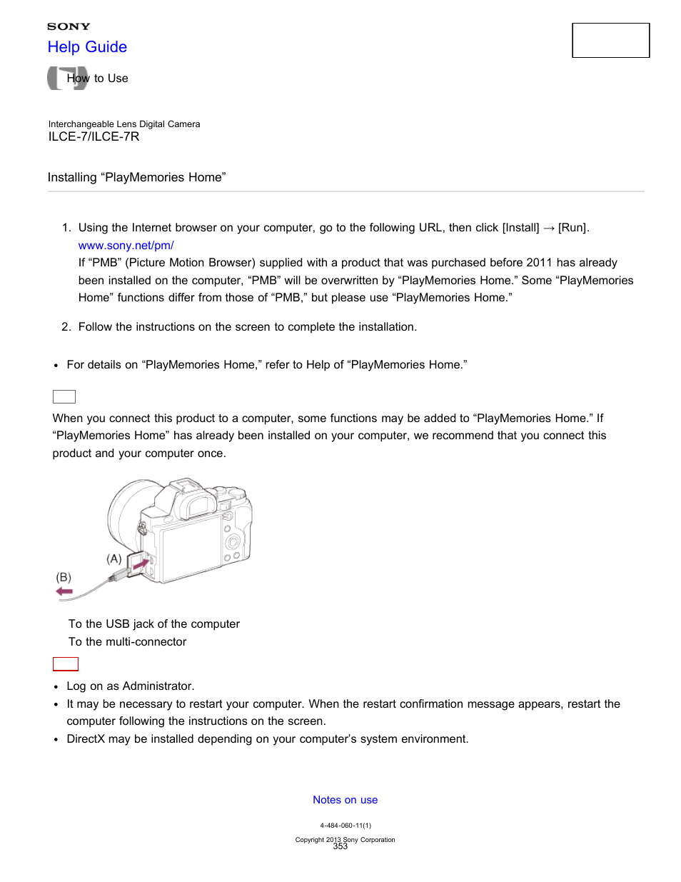 Installing “playmemories home, Help guide | Sony ILCE-7K User Manual | Page 362 / 455
