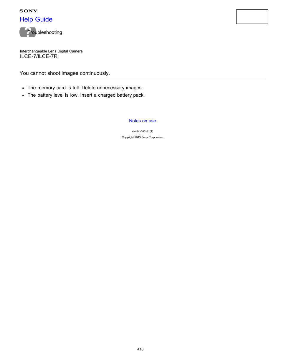 You cannot shoot images continuously, Help guide | Sony ILCE-7K User Manual | Page 419 / 455