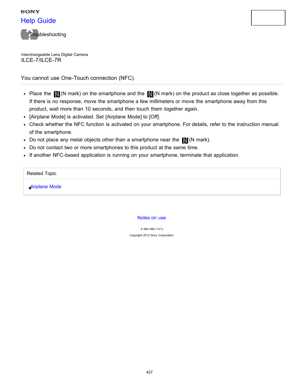 You cannot use one-touch connection (nfc), Help guide | Sony ILCE-7K User Manual | Page 436 / 455