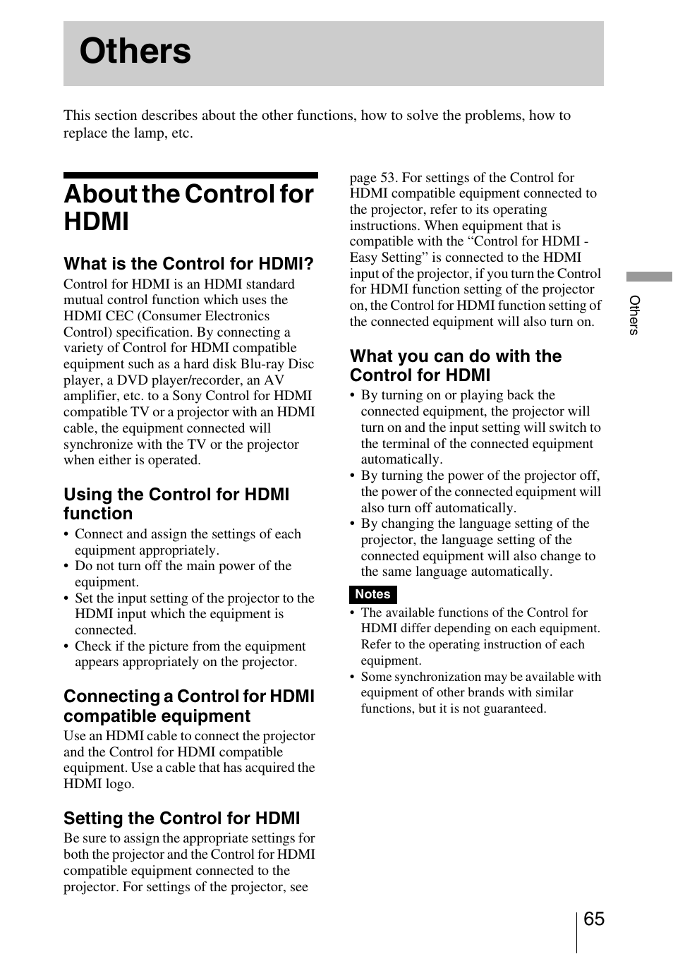 Others, About the control for hdmi | Sony VPL-VW1000ES User Manual | Page 65 / 99