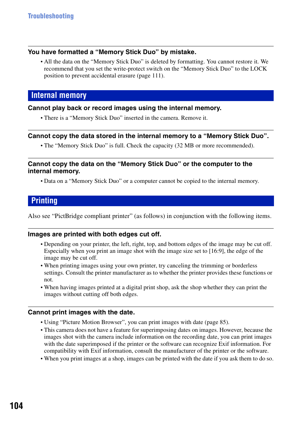 Internal memory, Printing | Sony DSC-T20 User Manual | Page 104 / 119