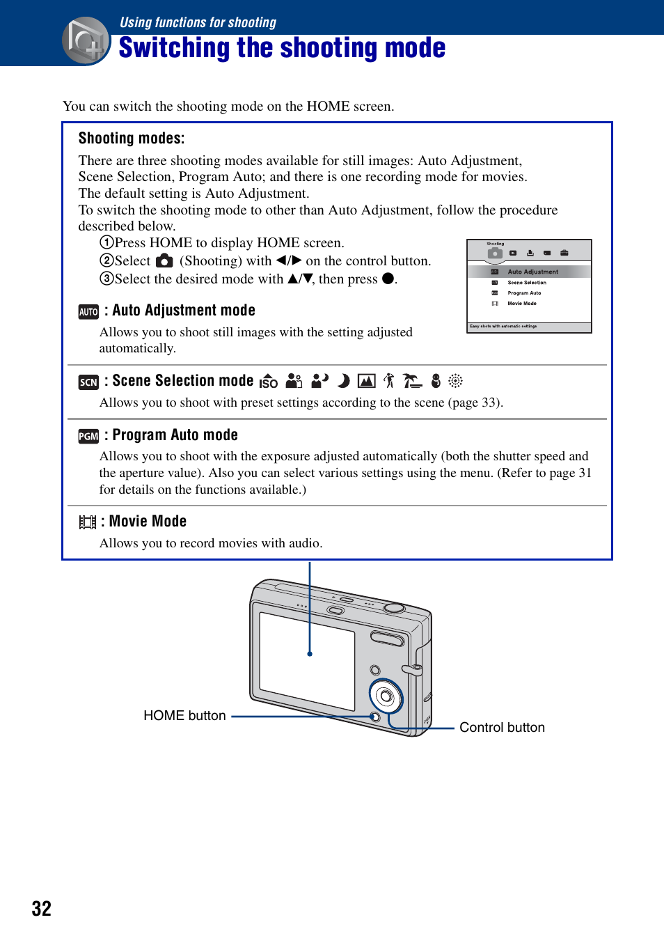 Using functions for shooting, Switching the shooting mode | Sony DSC-T20 User Manual | Page 32 / 119