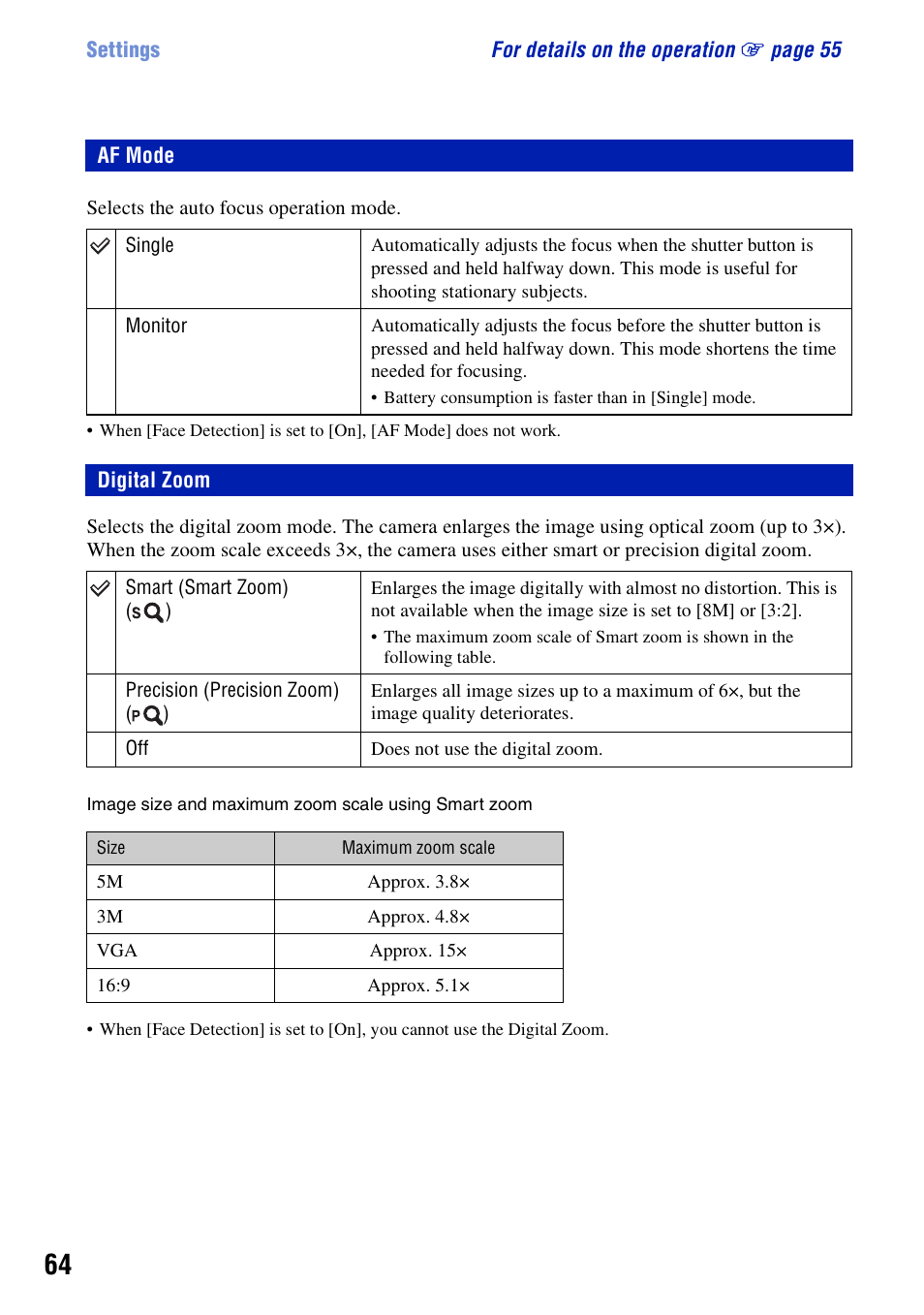Af mode, Digital zoom, Af mode digital zoom | Sony DSC-T20 User Manual | Page 64 / 119