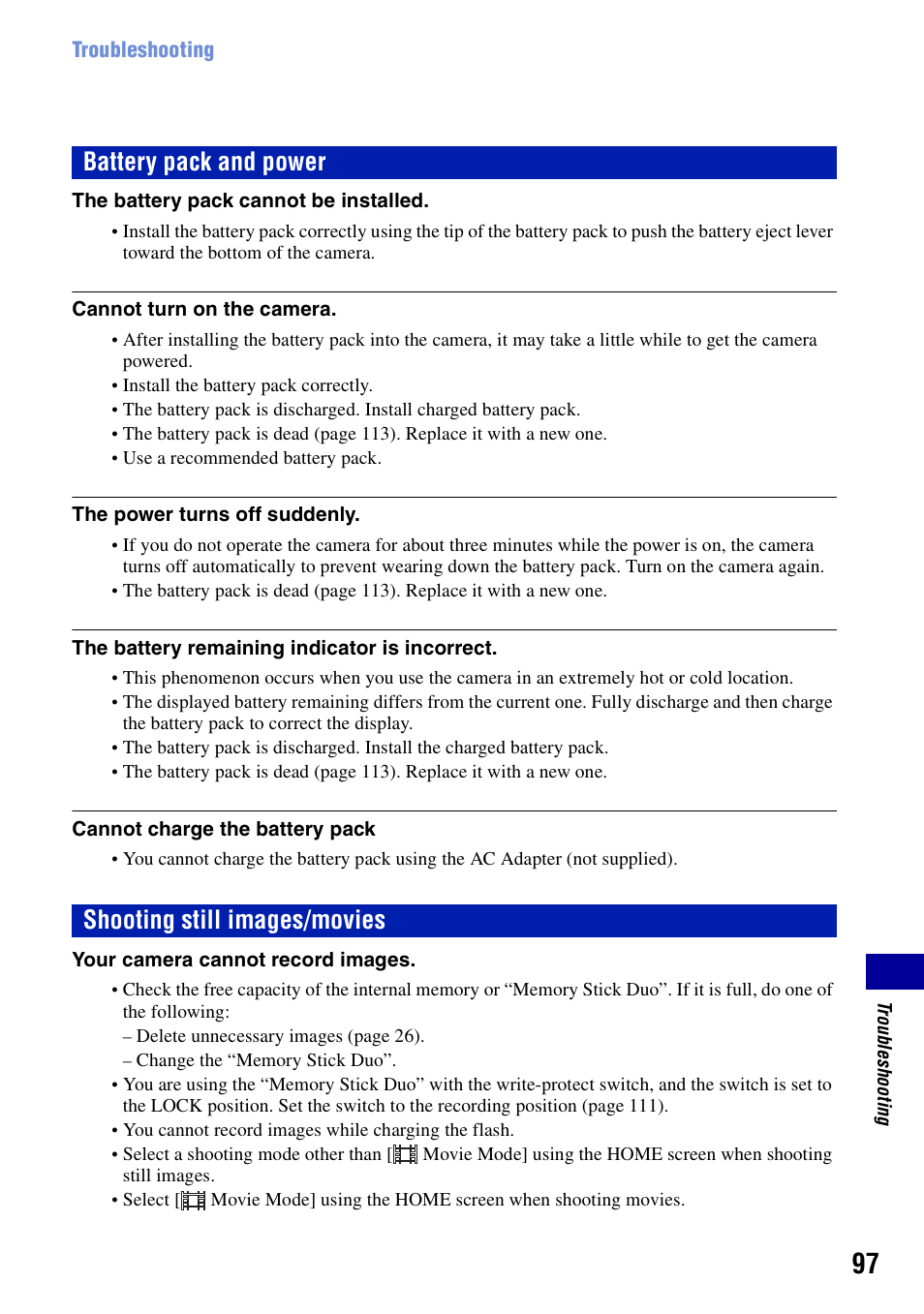 S 97 t, Battery pack and power, Shooting still images/movies | Sony DSC-T20 User Manual | Page 97 / 119