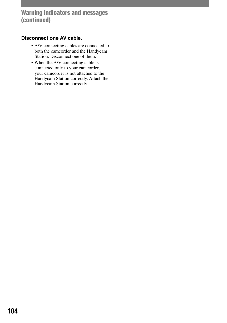 Warning indicators and messages (continued) | Sony DCR-HC32 User Manual | Page 104 / 123