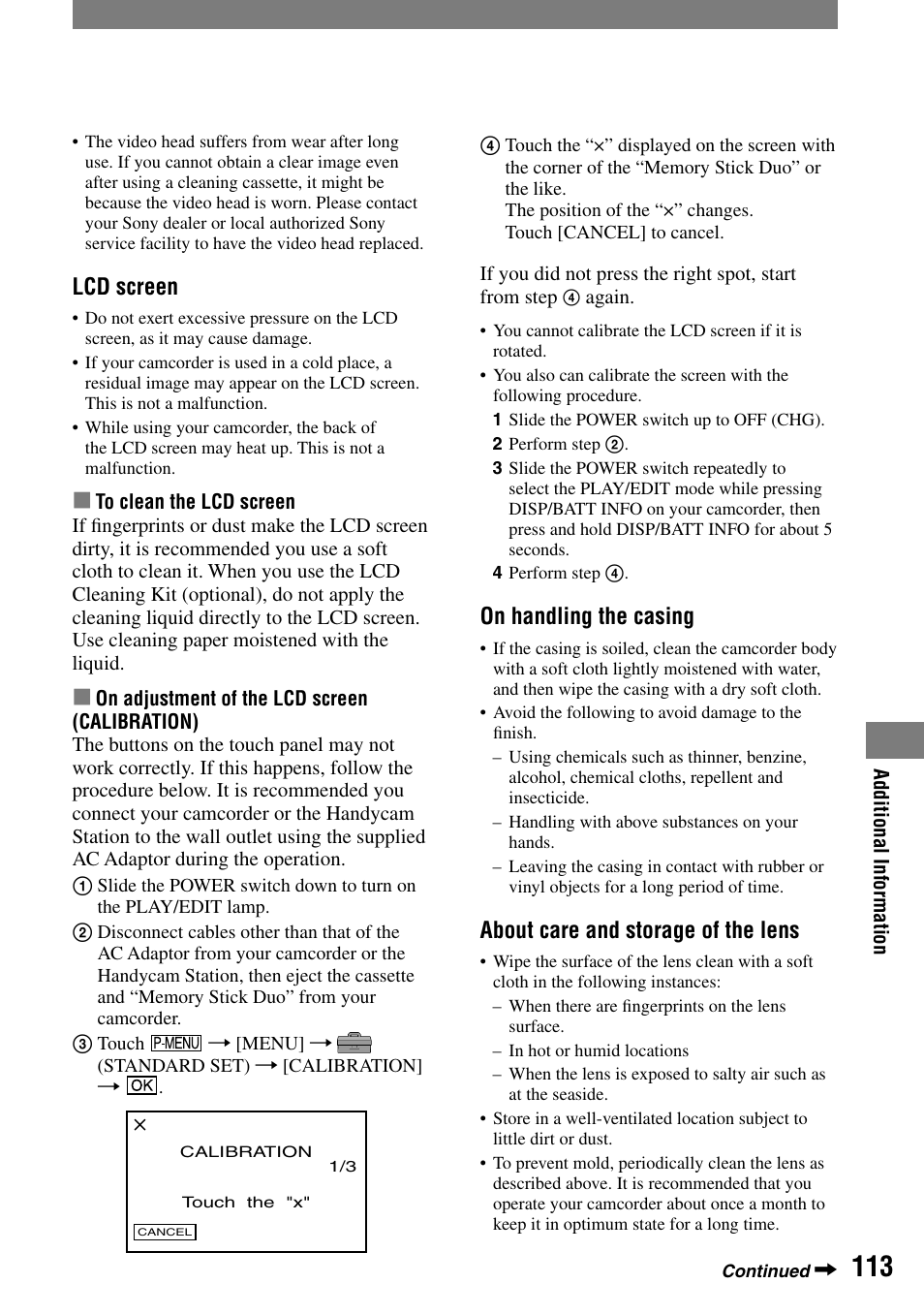 Lcd screen, On handling the casing, About care and storage of the lens | Sony DCR-HC32 User Manual | Page 113 / 123