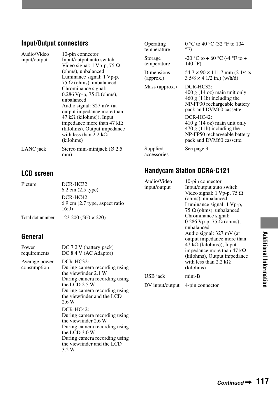 Input/output connectors, Lcd screen, General | Handycam station dcra-c121 | Sony DCR-HC32 User Manual | Page 117 / 123