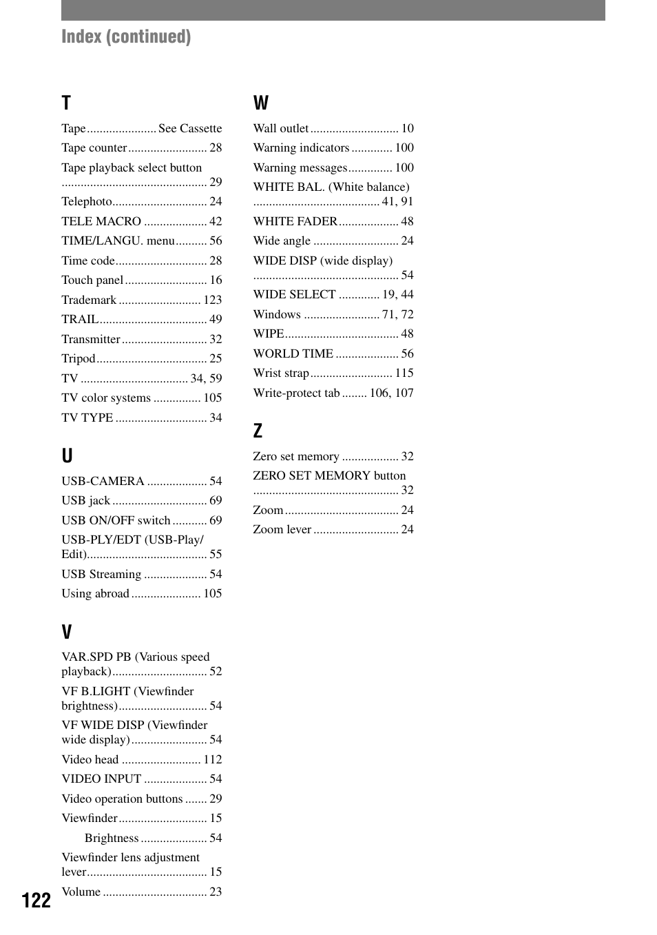 Index (continued) | Sony DCR-HC32 User Manual | Page 122 / 123