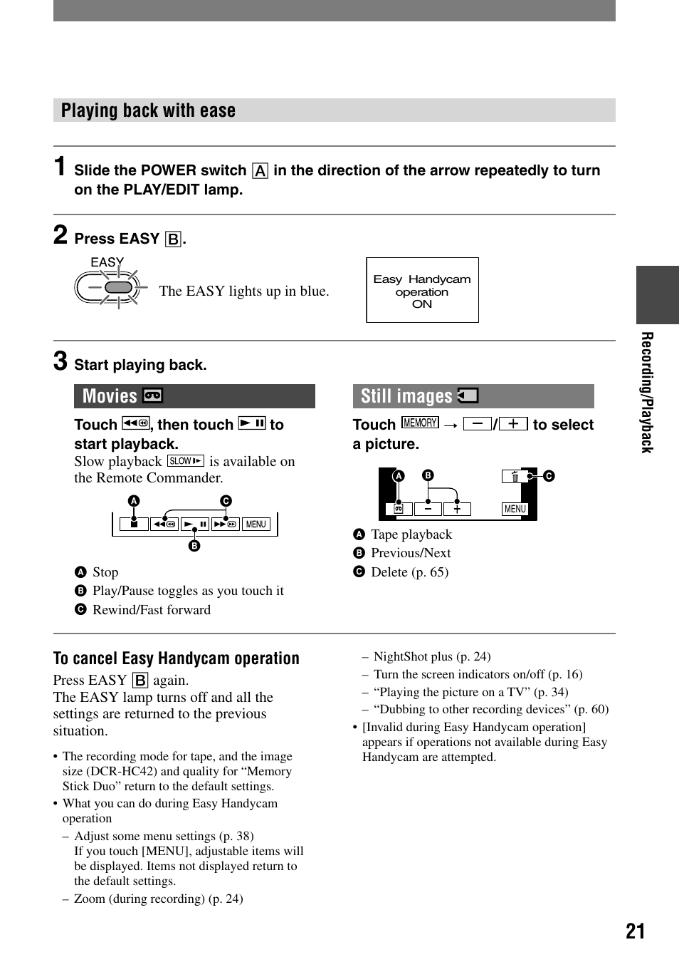 Playing back with ease, Movies, Still images | Sony DCR-HC32 User Manual | Page 21 / 123
