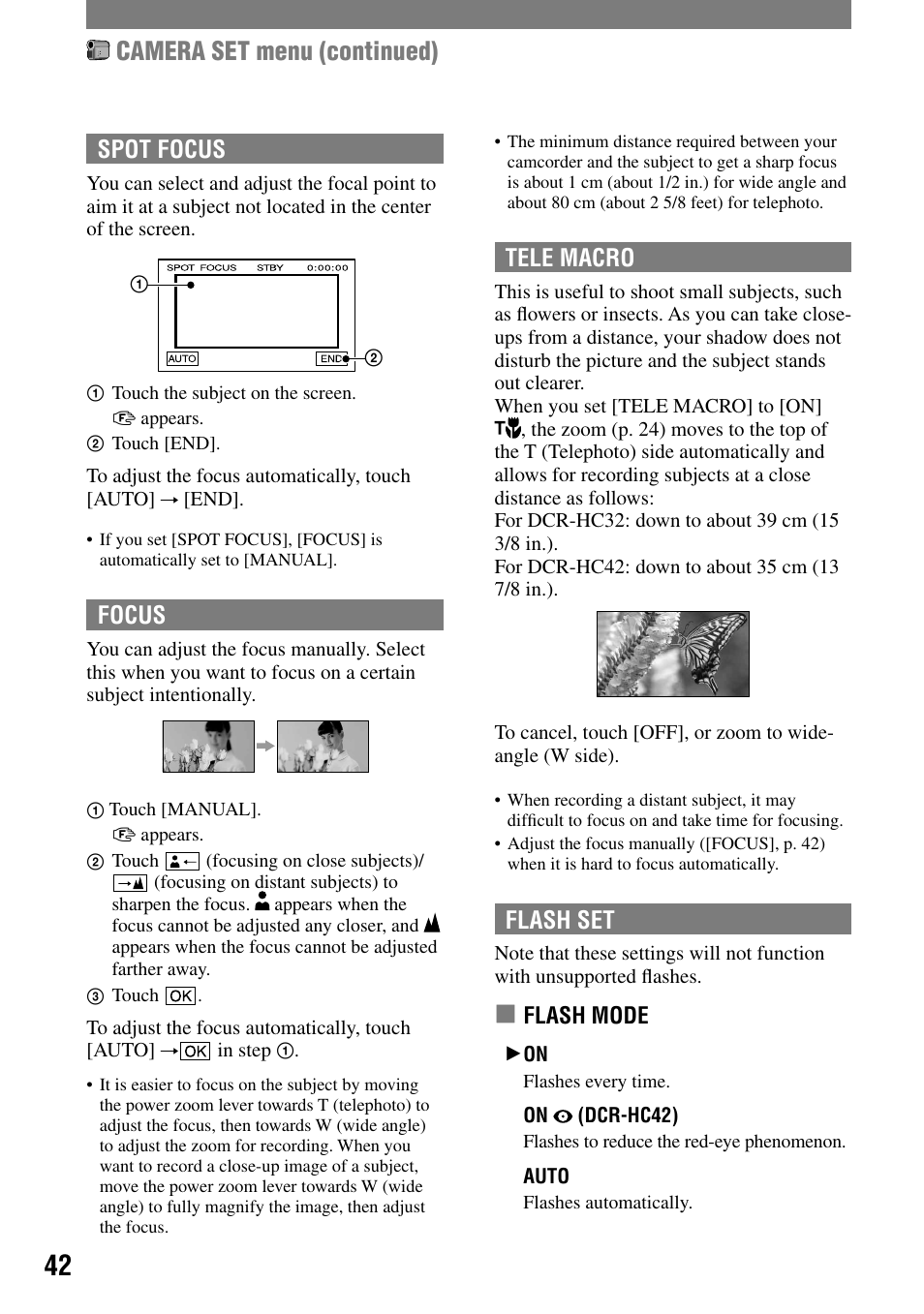 Camera set menu (continued), Spot focus, Focus | Tele macro, Flash set | Sony DCR-HC32 User Manual | Page 42 / 123