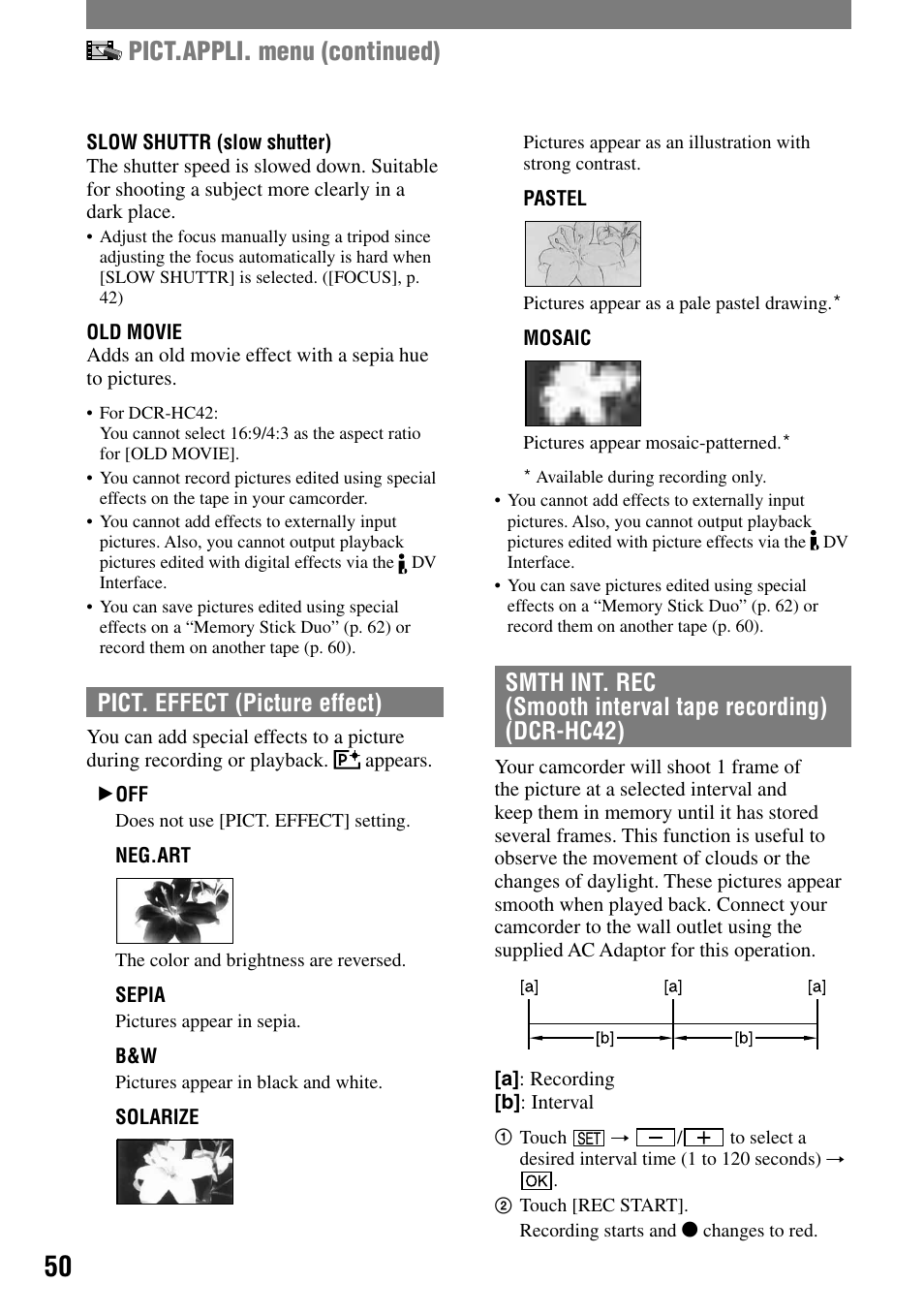 Pict.appli. menu (continued), Pict. effect (picture effect) | Sony DCR-HC32 User Manual | Page 50 / 123