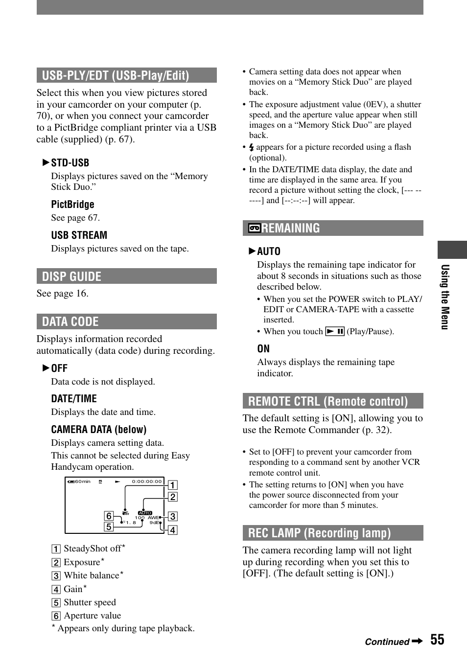 Usb-ply/edt (usb-play/edit), Disp guide, Data code | Remaining, Remote ctrl (remote control), Rec lamp (recording lamp) | Sony DCR-HC32 User Manual | Page 55 / 123