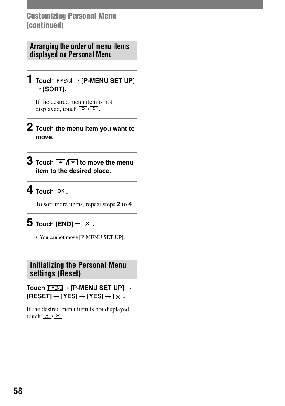 Initializing the personal menu settings (reset), Customizing personal menu (continued) | Sony DCR-HC32 User Manual | Page 58 / 123