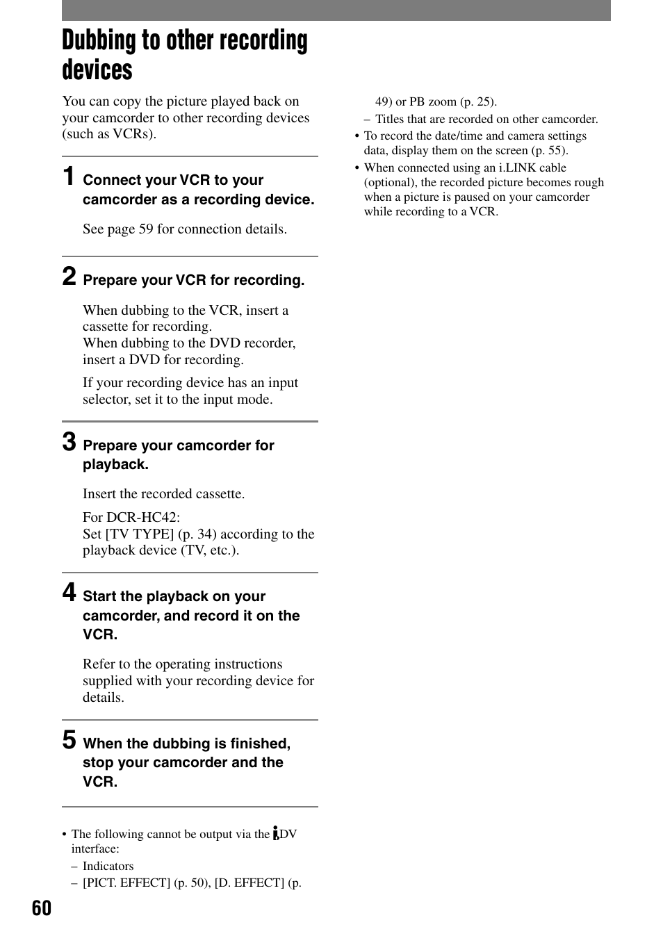 Dubbing to other recording devices | Sony DCR-HC32 User Manual | Page 60 / 123