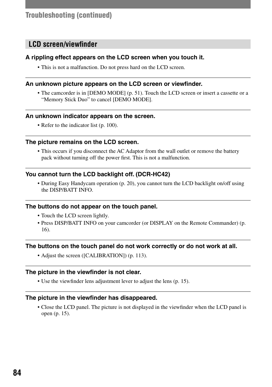 Lcd screen/viewﬁnder, Troubleshooting (continued) | Sony DCR-HC32 User Manual | Page 84 / 123