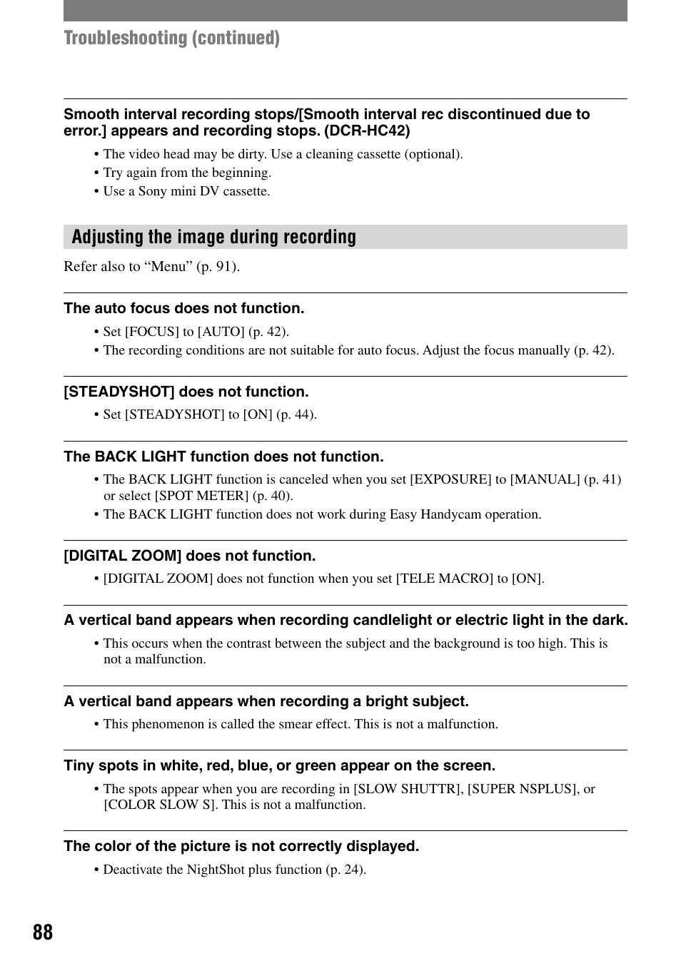 Adjusting the image during recording, Troubleshooting (continued) | Sony DCR-HC32 User Manual | Page 88 / 123