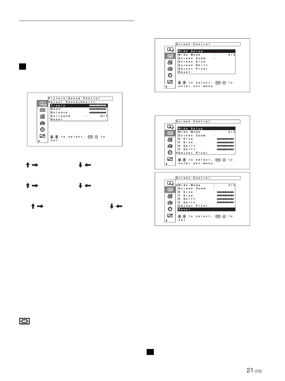 Screen control（画面控制）菜单, Adjust sound（调整声音）菜单, Reset（复位） 将 adjust sound（调整音质）菜单项目恢复其出厂 设定 | Menu function（菜单功能）设为“return” （返回）时, Wide mode（变焦模式） 切换宽屏幕显示以符合图像的尺寸和类型, Screen zoom（屏幕画面变焦） 依次将图像放大 2 倍、3 倍和 4 倍, 仅在 wide mode（宽屏幕模式）设为“restore” 时才能扩大, 有关详细说明，请参见第 39 页上的“surround, 有关详细说明，请参见第 35 页上的“设定自动宽屏 幕, 有关详细说明，请参见第 36 页上的“设定宽屏幕模 式 | Sony FWD-50PX1 User Manual | Page 317 / 348