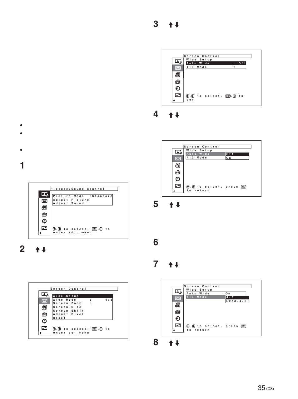 设定自动宽屏幕, 按 menu 键。 主菜单出现在显示器屏幕上, 按 enter 键。 菜单恢复到 wide setup（宽屏幕设定）菜单 | 用 m/m 键选择“4:3 mode”并按 enter 键。 以下菜单出现在显示器屏幕上 | Sony FWD-50PX1 User Manual | Page 331 / 348