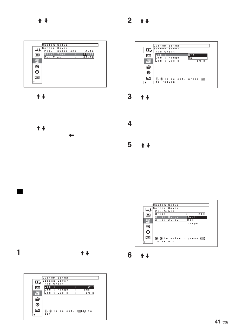 自动改变图像位置, 按 m/m 键将光标（黄色）移到“orbit”处并按 enter 键。 以下菜单出现在显示器屏幕上, 按 enter 键。 菜单恢复到 pic. orbit（图像移动）菜单 | Sony FWD-50PX1 User Manual | Page 337 / 348