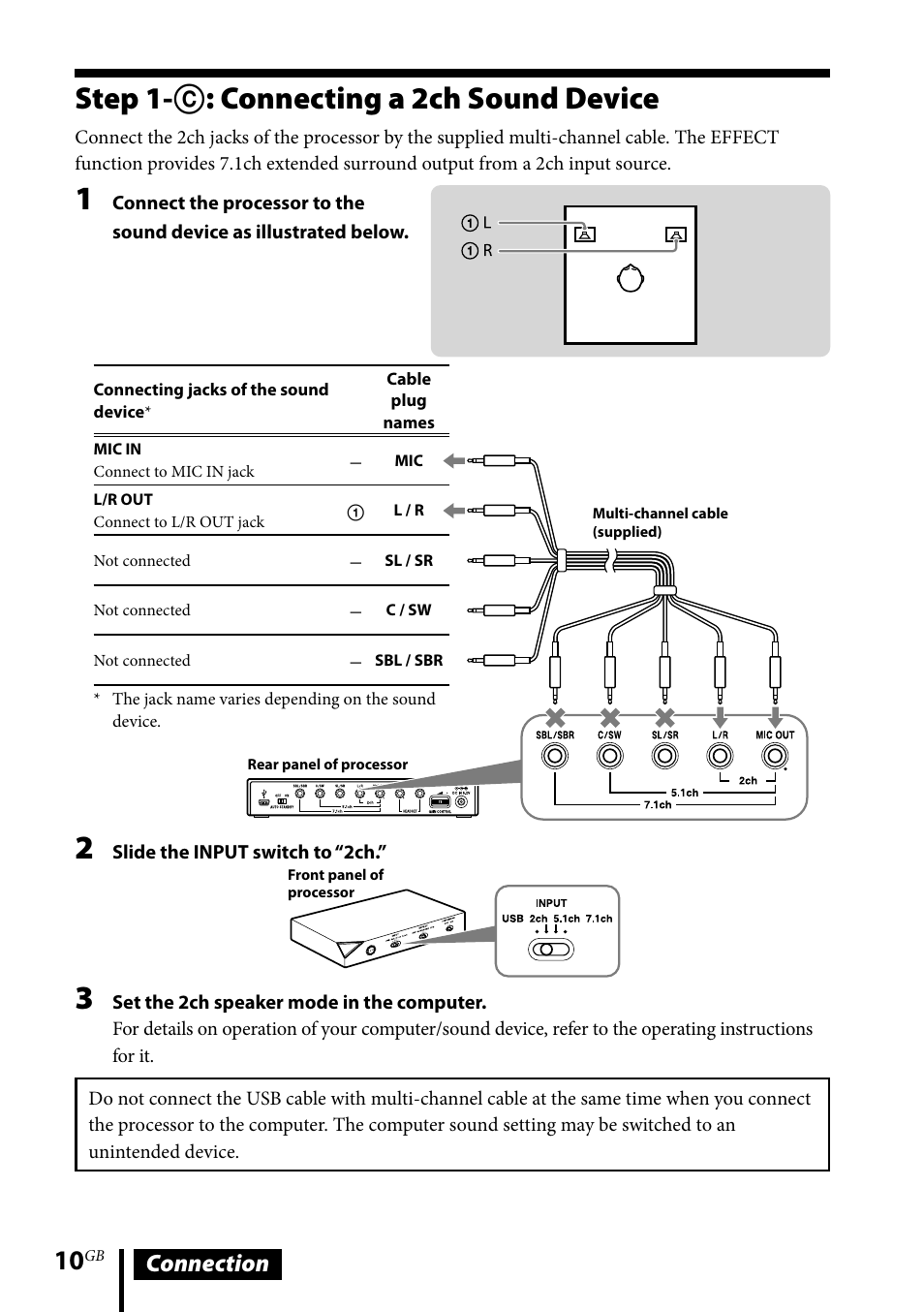 Step 1-c: connecting a 2ch sound device, Step 1-: connecting a 2ch sound, Device | Step 1-  : connecting a 2ch sound device, Connection | Sony DR-GA500 User Manual | Page 10 / 92