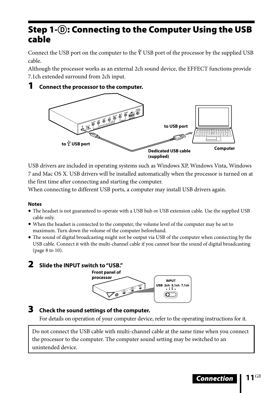 Step 1-: connecting to the computer, Using the usb cable, Connection | Sony DR-GA500 User Manual | Page 11 / 92