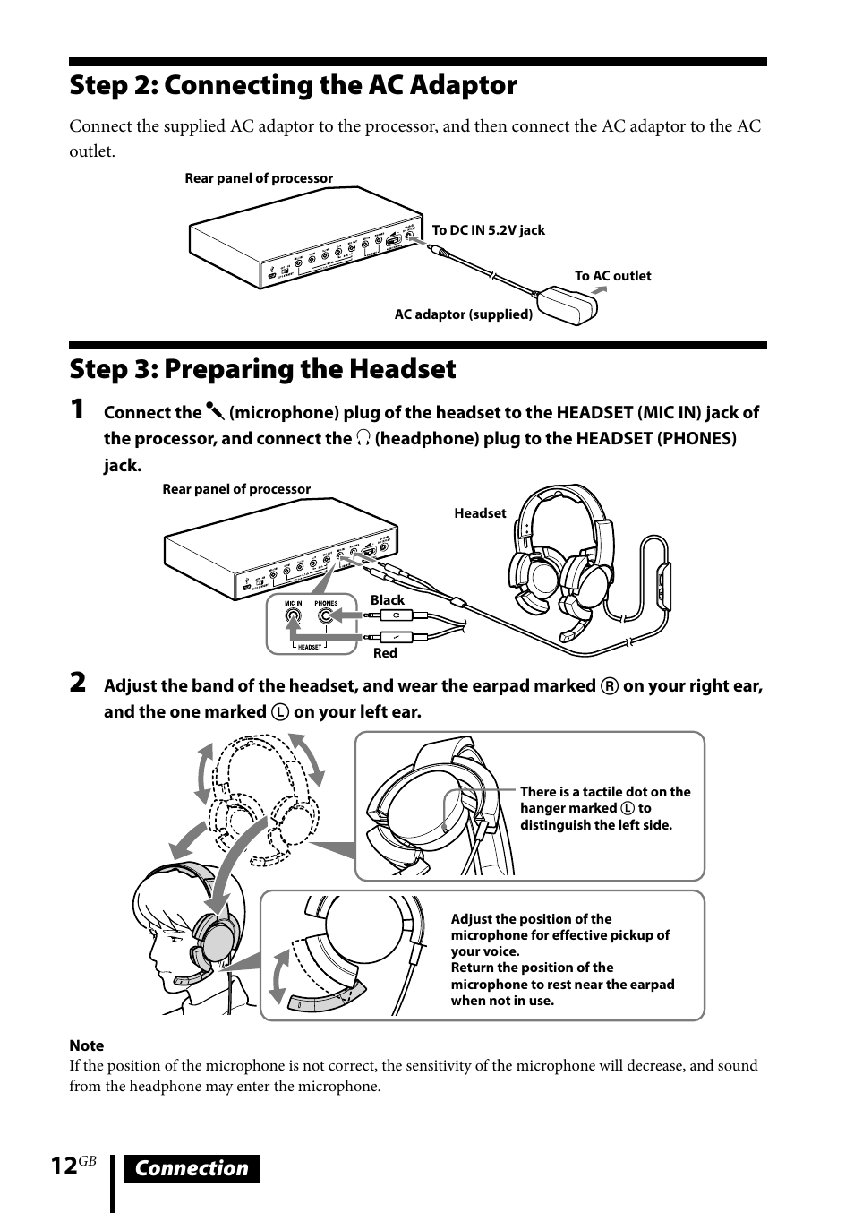 Step 2: connecting the ac adaptor, Step 3: preparing the headset, Connection | Sony DR-GA500 User Manual | Page 12 / 92