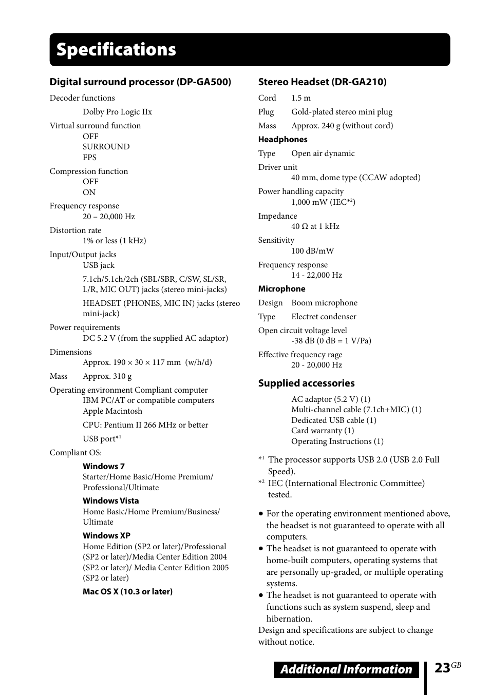 Specifications, Additional information | Sony DR-GA500 User Manual | Page 23 / 92