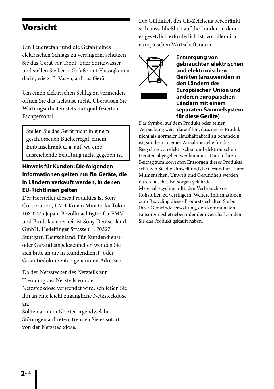 Vorsicht | Sony DR-GA500 User Manual | Page 46 / 92