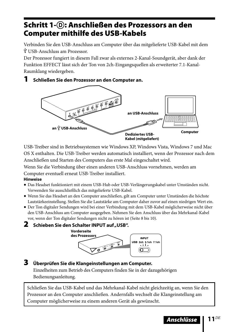 Schritt 1-: anschließen des prozessors, An den computer mithilfe des usb, Kabels | Anschlüsse | Sony DR-GA500 User Manual | Page 55 / 92