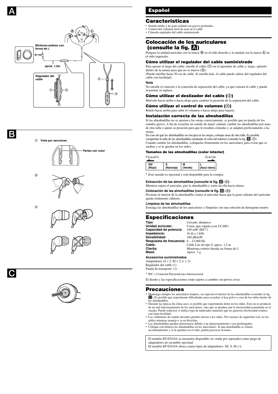 Ab c, Características, Especificaciones | Precauciones, Español | Sony MDR-EX36V User Manual | Page 2 / 2