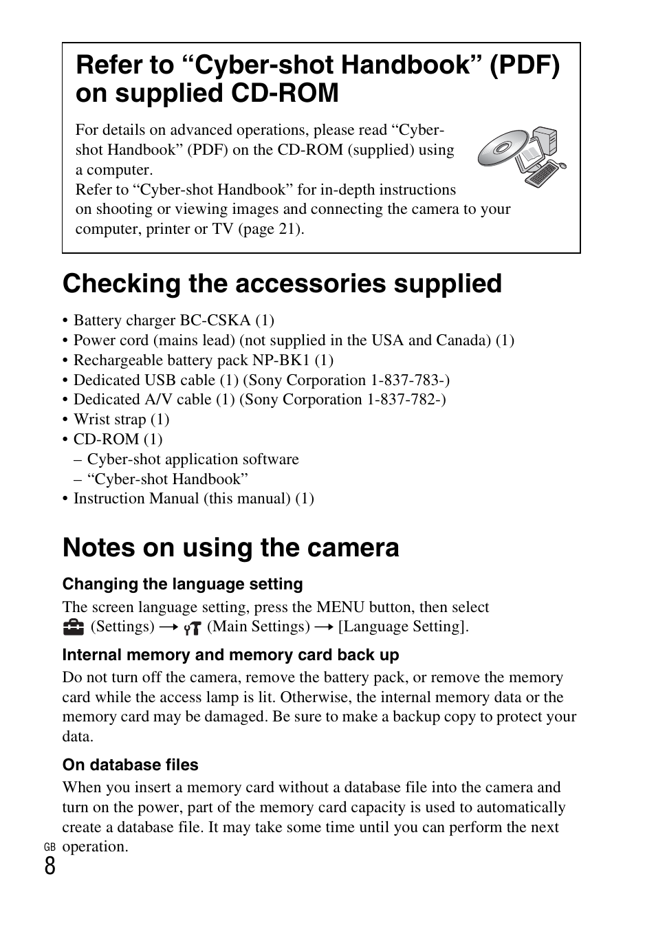 Checking the accessories supplied, Notes on using the camera | Sony DSC-W370 User Manual | Page 8 / 60