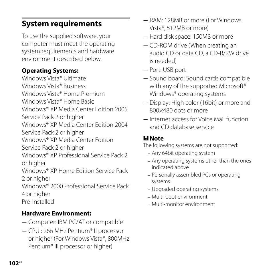 System requirements | Sony ICD-SX700D User Manual | Page 102 / 134