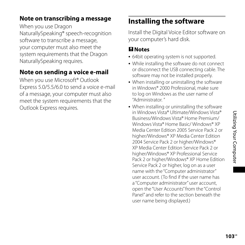 Installing the software | Sony ICD-SX700D User Manual | Page 103 / 134
