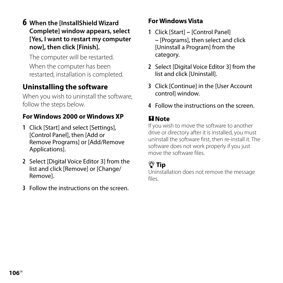 Uninstalling the software | Sony ICD-SX700D User Manual | Page 106 / 134