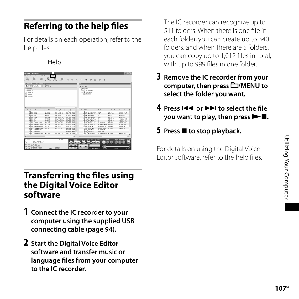 Referring to the help files, Voice editor software | Sony ICD-SX700D User Manual | Page 107 / 134