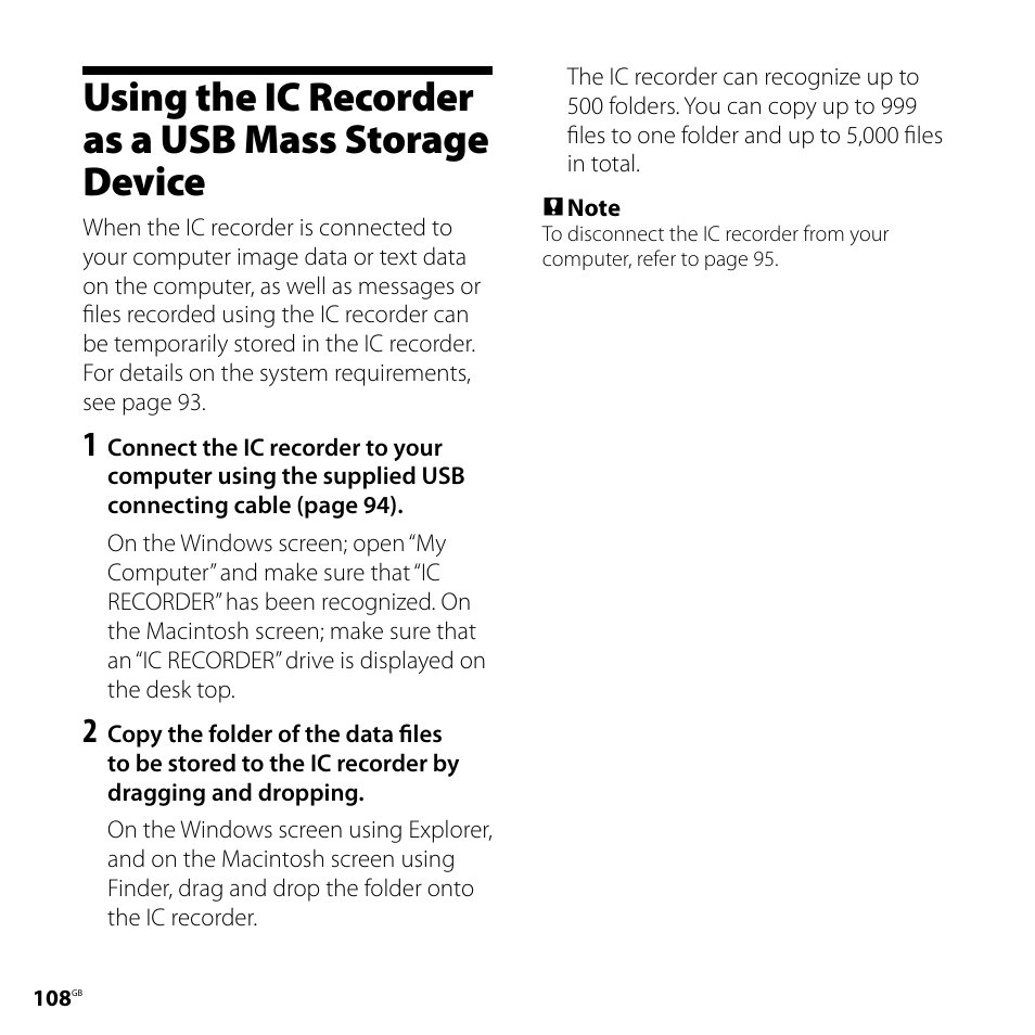 Using the ic recorder as a usb mass storage device, Using the ic recorder as a usb mass, Storage device | Sony ICD-SX700D User Manual | Page 108 / 134