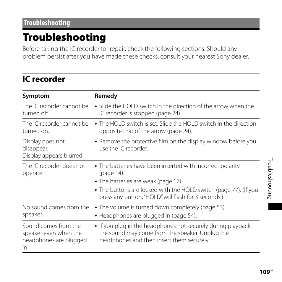 Troubleshooting, Ic recorder | Sony ICD-SX700D User Manual | Page 109 / 134
