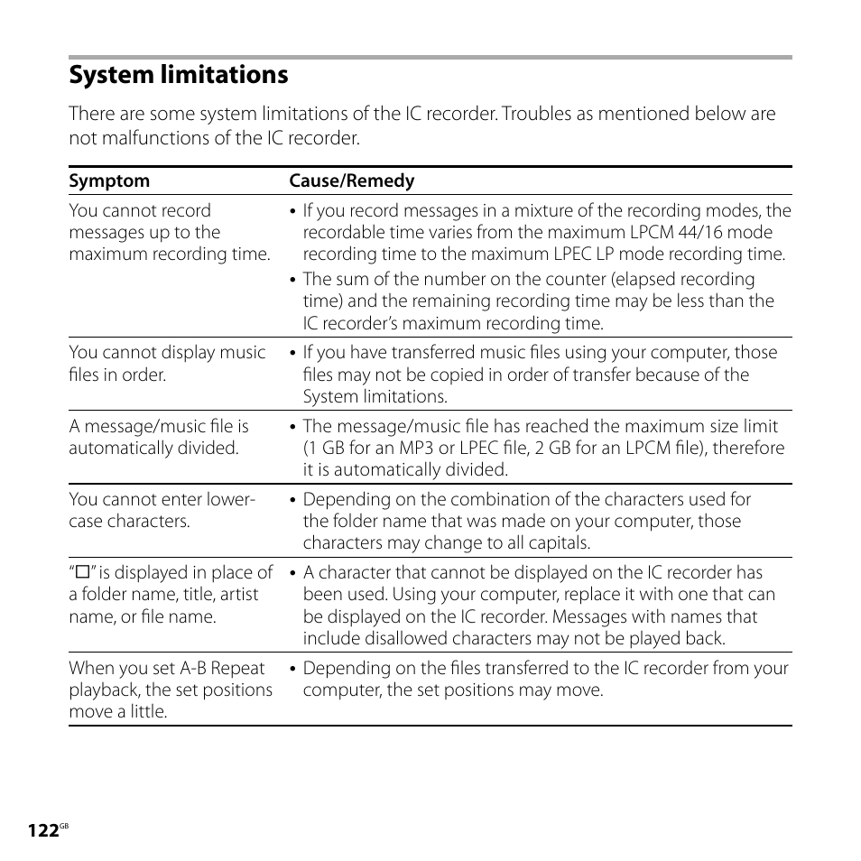 System limitations | Sony ICD-SX700D User Manual | Page 122 / 134