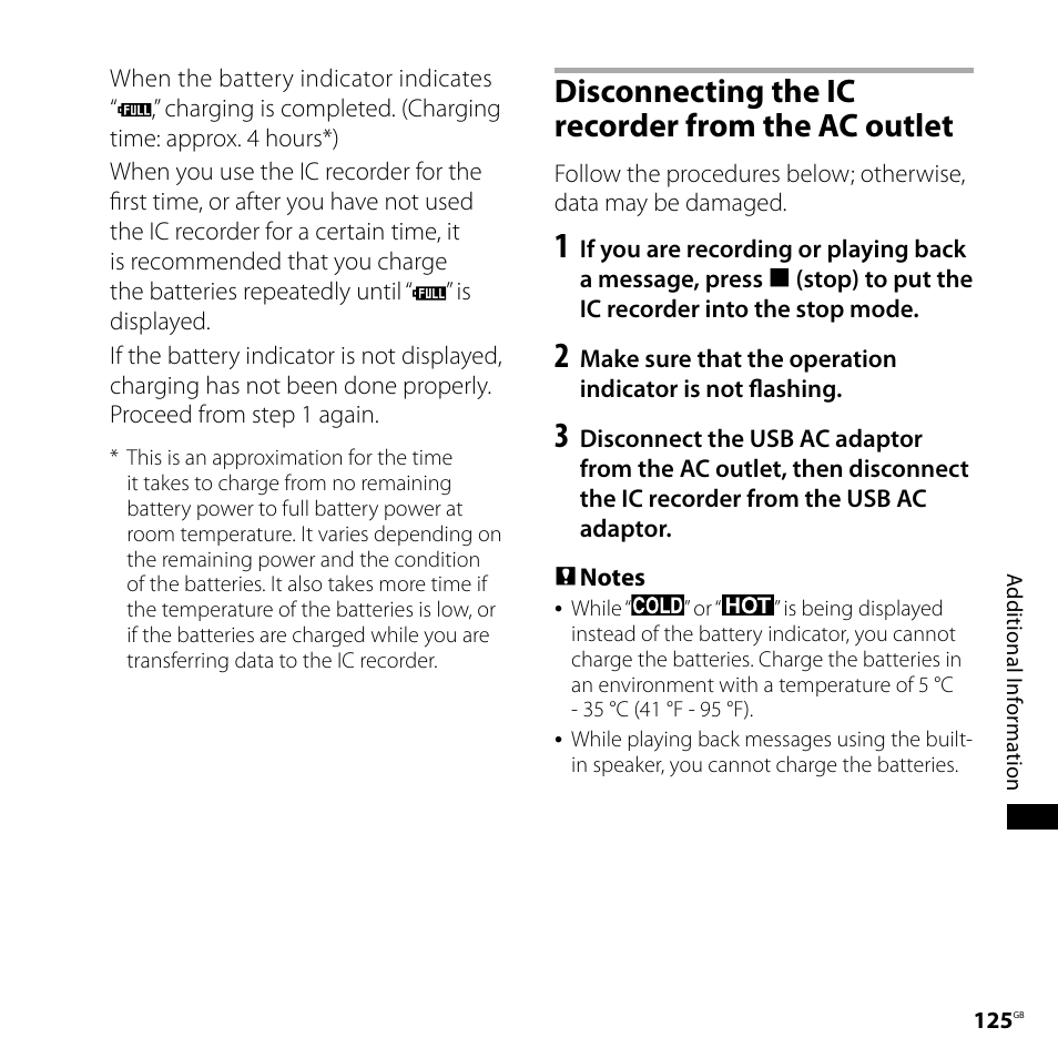 Disconnecting the ic recorder from the ac outlet, Disconnecting the ic recorder from, The ac outlet | Sony ICD-SX700D User Manual | Page 125 / 134