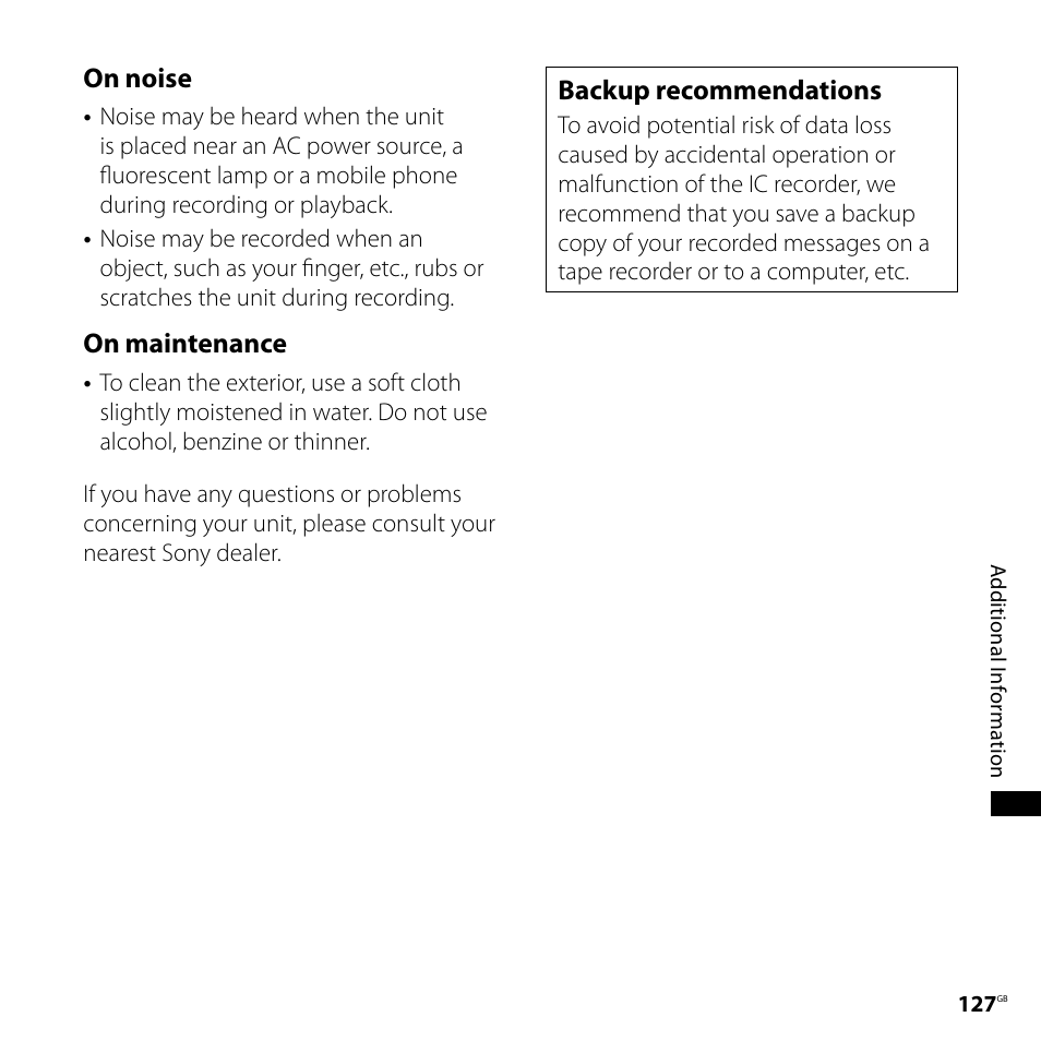 On noise, On maintenance, Backup recommendations | Sony ICD-SX700D User Manual | Page 127 / 134