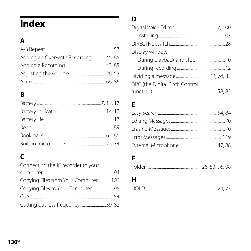 Index | Sony ICD-SX700D User Manual | Page 130 / 134