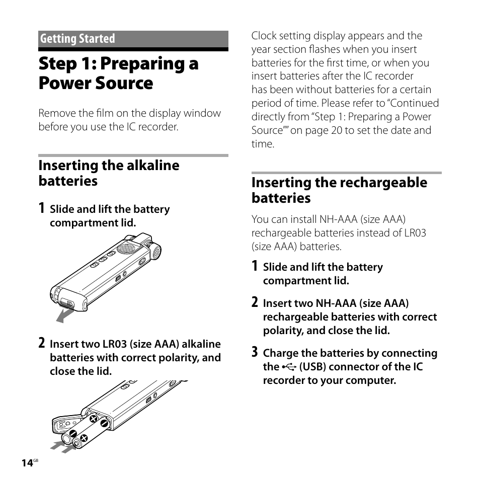 Getting started, Step 1: preparing a power source, Inserting the alkaline batteries | Inserting the rechargeable batteries, Batteries | Sony ICD-SX700D User Manual | Page 14 / 134