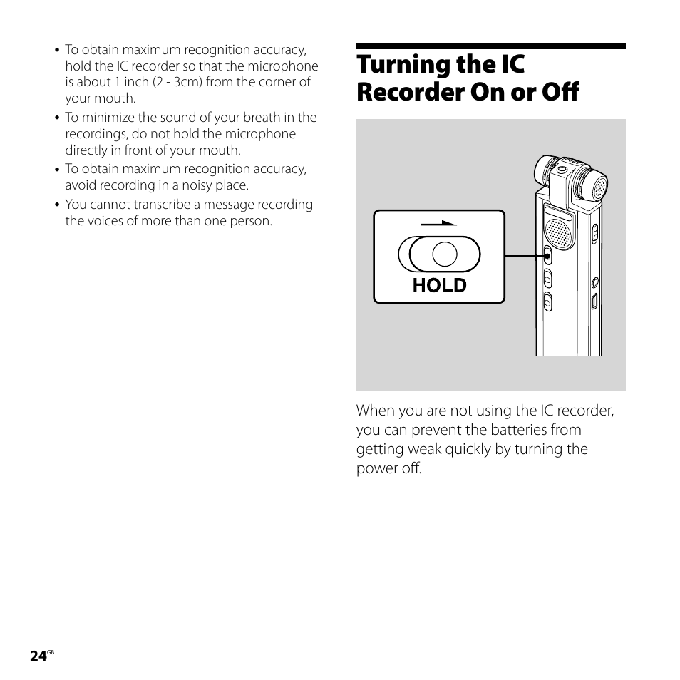 Turning the ic recorder on or off | Sony ICD-SX700D User Manual | Page 24 / 134